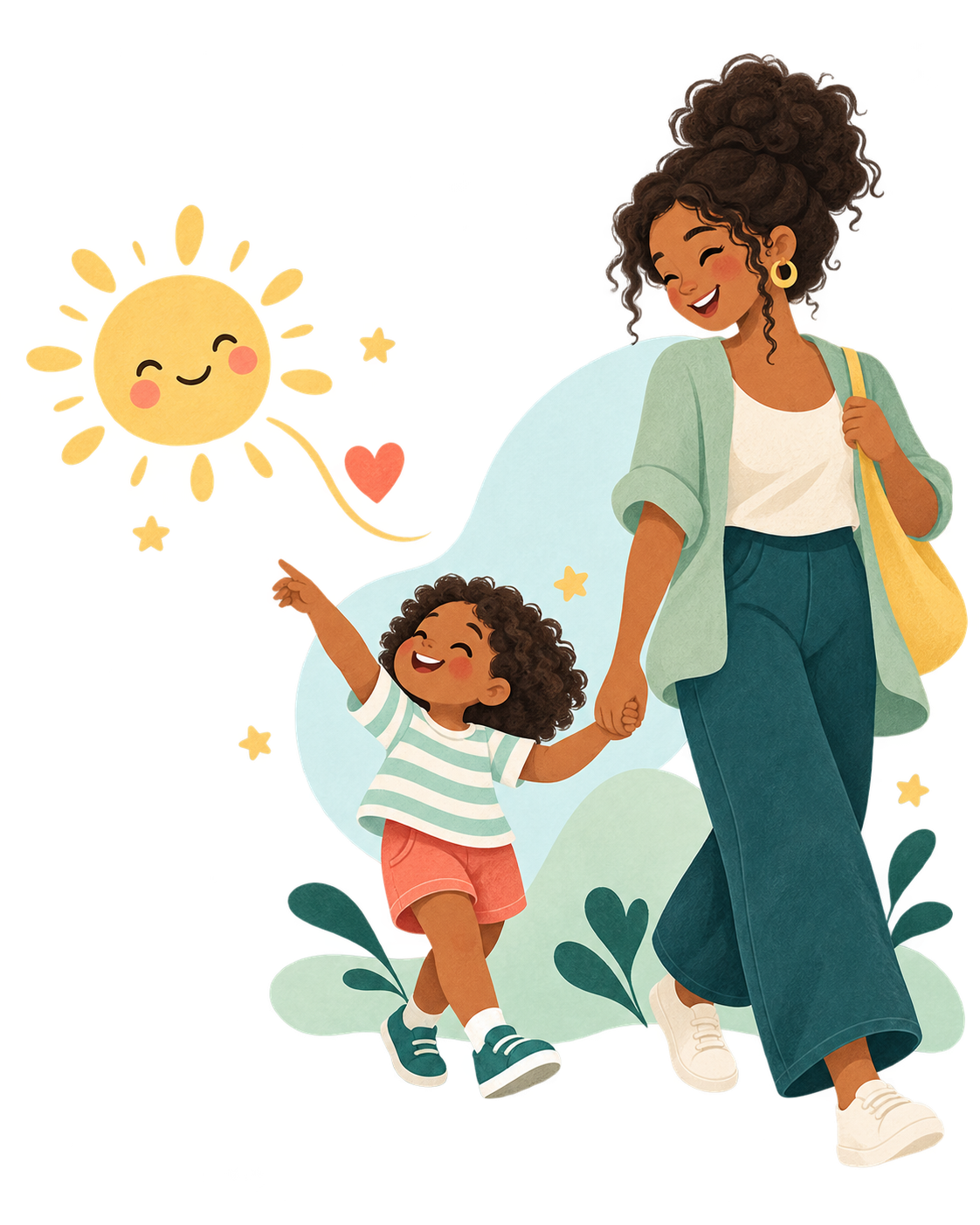 Ilustração de uma mãe e uma criança caminhando juntas em direção ao sol