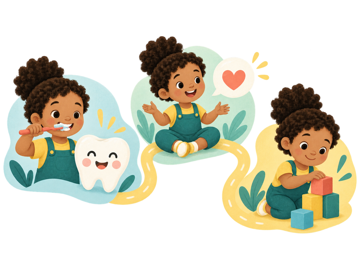 Ilustração de uma criança escovando os dentes, conversando e brincando
